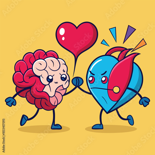 Brain and heart characters in a tug of war over love