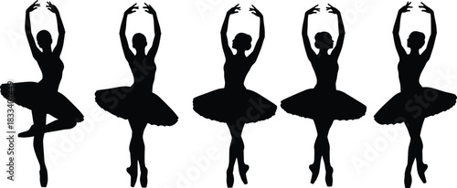 Vector Silhouettes of Female Ballerinas in Classic Tutus and Pointe Shoes, Performing Elegant Ballet Poses, Representing Artistic Dance, Grace, and Theatrical Performance