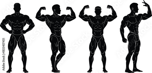 Muscular Male Bodybuilders Silhouette Vector Illustration Set Posing in Various Competition Stances, Representing Fitness, Strength, Powerlifting, and Athletic Physique