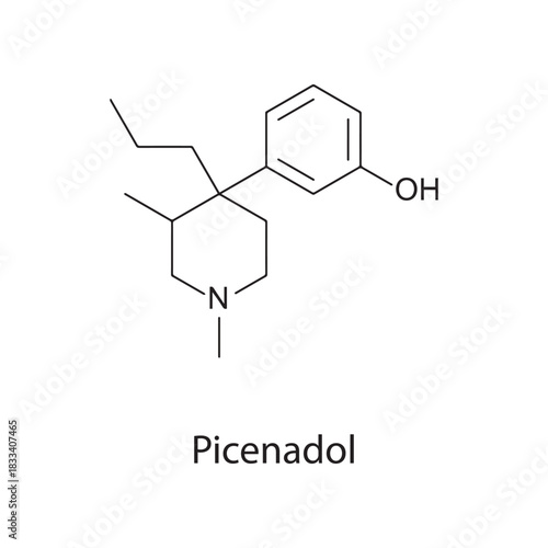 Picenadol molecular structure, dual μ-opioid receptor agonist–antagonist analgesic drug, clean scientific vector diagram, skeletal chemical formula