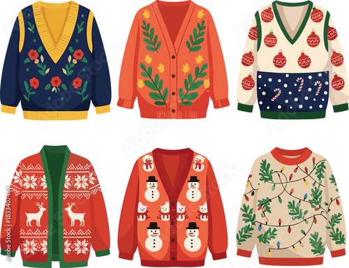 Collection of Six Ugly Christmas Cardigan and Jumper Sweaters with Festive Patterns, Reindeer, Snowman, and Ornament Designs, Holiday Apparel Vector Set