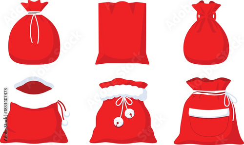 Vector Illustration Set of Six Different Red Christmas and Santa Claus Gift Bags, Representing Holiday Shopping, Presents, Winter Sales, and Seasonal Decoration