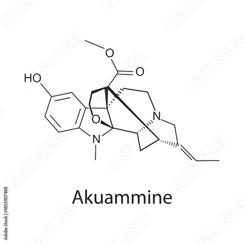 Akuammine molecular structure, indole alkaloid analgesic plant compound, clean scientific vector diagram, skeletal chemical formula