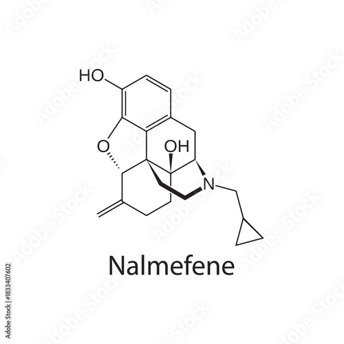 Nalmefene molecular structure, opioid receptor antagonist drug, clean scientific vector diagram, skeletal chemical formula