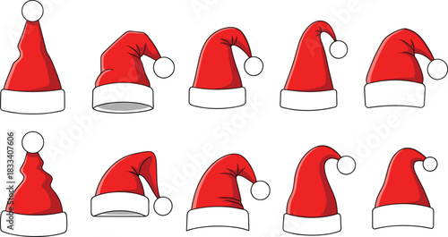 Set of Ten Red Santa Claus Hats and Caps Vector Illustration Collection, Various Shapes and Folds, Festive Christmas Holiday Headwear Icon Set