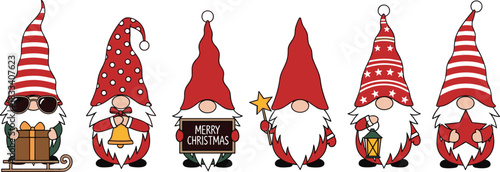 Set of Six Cute Christmas Gnomes with Red Hats, Holding Gifts, Bell, Star, and Merry Christmas Sign, Scandinavian Holiday Vector Illustration Collection