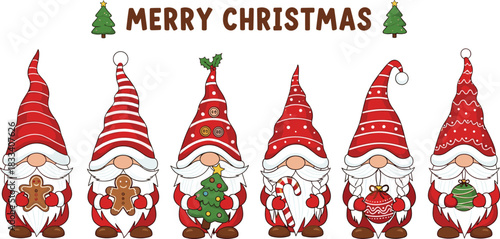 Set of Six Cute Christmas Gnomes with Red Hats, Holding Gingerbread Man, Candy Cane, and Decorated Tree, Holiday Characters Vector Illustration