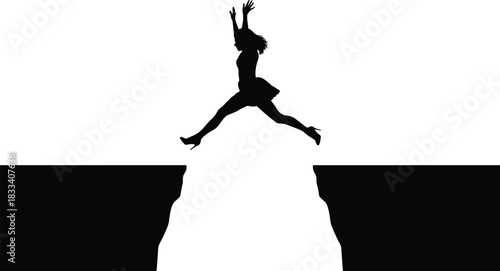 Silhouette Vector of a Woman Jumping Over a Wide Gap Between Two Cliffs, Symbolizing Risk, Challenge, Overcoming Obstacles, Courage, and Success in Business or Life