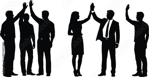 Silhouettes of Business People and Casual Groups Raising Hands for a High Five or Celebration, Representing Teamwork, Success, Agreement, and Collaboration Vector Illustration