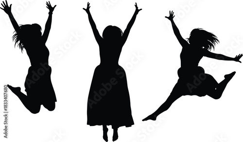 Silhouette Vector Illustration of Three Young Women Jumping and Leaping with Arms Raised, Representing Joy, Freedom, Energy, Success, and Active Happy Lifestyle