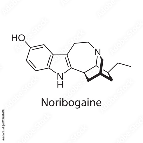 Noribogaine molecular structure, iboga alkaloid derivative psychoactive compound, clean scientific vector diagram, skeletal chemical formula