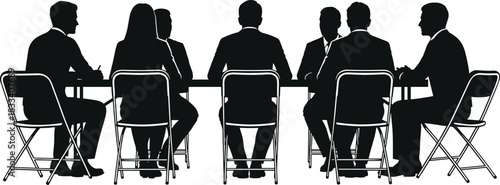 Silhouette Vector Illustration of Business People Sitting at a Long Conference Table During a Meeting, Representing Teamwork, Corporate Strategy, and Office Collaboration