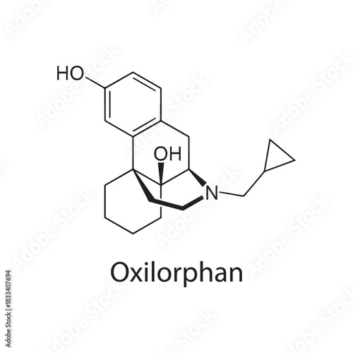 Oxilorphan molecular structure, mixed opioid receptor agonist–antagonist analgesic drug, clean scientific vector diagram, skeletal chemical formula
