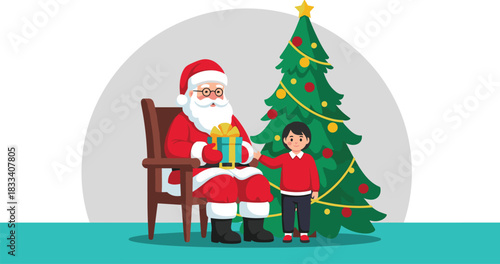 Santa Claus Sitting on a Chair and Giving a Gift to a Happy Little Child Near a Decorated Christmas Tree, Festive Holiday Tradition Meeting Vector Illustration