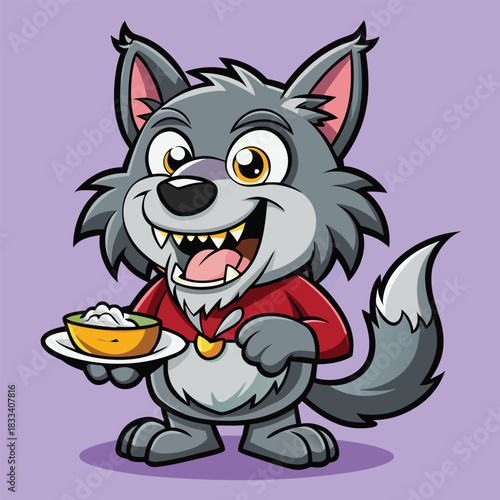 Happy cartoon wolf holding a bowl of food