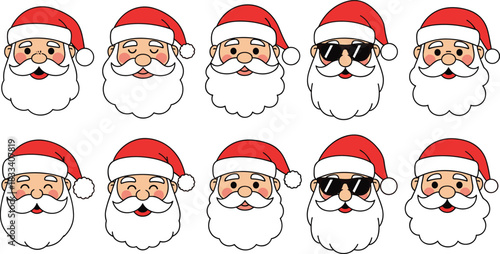 Santa Claus Head Expressions Set with Beard and Red Hat, Festive Christmas Holiday Character Collection, Happy Face, Winking, and Sunglasses Vector Illustration