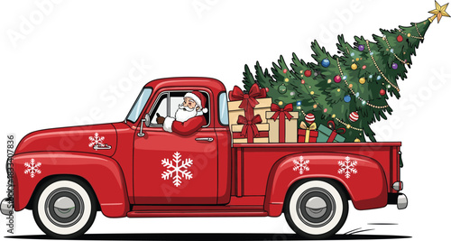 Santa Claus Driving a Classic Red Vintage Pickup Truck Hauling a Christmas Tree and Wrapped Gifts, Festive Holiday Delivery Vector Illustration