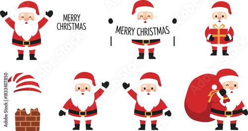 Santa Claus Full Body Character Set for Christmas Card Design, Carrying Gift Bag, Holding Banner, Chimney and Striped Hat, Flat Vector Illustration Icons