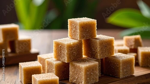 Delicious Brown Sugar Cubes Stacked on Wooden Board