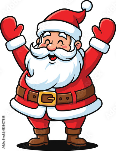 Very Happy and Excited Santa Claus Cartoon Character with Big Beard and Arms Raised in Celebration, Cheerful Christmas Holiday Vector Illustration
