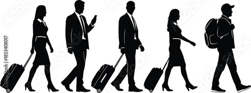 Business People and Tourists Silhouettes Walking and Traveling with Wheeled Luggage, Representing Airport Commuters, Modern Travel, and Professional Mobility Vector