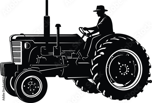 Silhouette Vector Illustration of a Farmer Wearing a Hat Driving a Vintage Agricultural Tractor, Representing Farming, Rural Life, Agriculture, and Manual Labor
