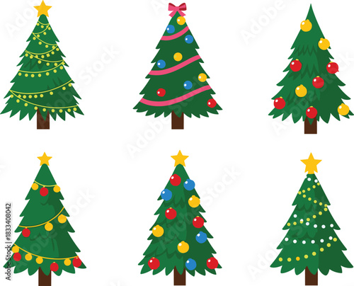 Set of Six Decorated Christmas Tree Icons with Baubles, Garland, Star Toppers, and Lights, Festive Holiday Design Vector Illustration Collection
