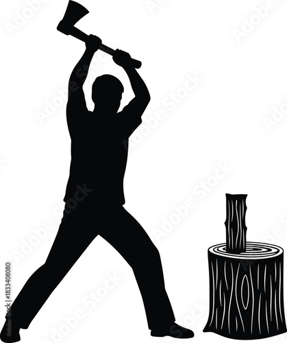 Silhouette Vector Illustration of a Strong Man Chopping Firewood with an Axe on a Tree Stump, Representing Manual Labor, Hard Work, Forestry, and Outdoor Activity