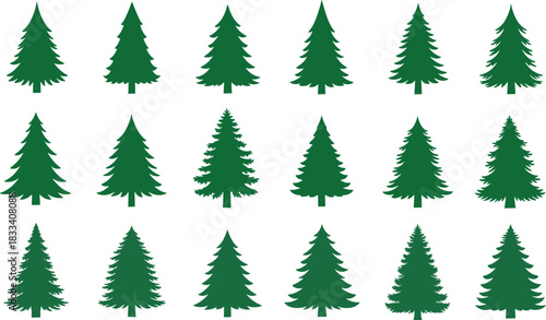 Set of 18 Green Christmas Tree Silhouettes and Icons, Various Pine Tree Shapes for Holiday Design, Simple Evergreen Forest Vector Collection
