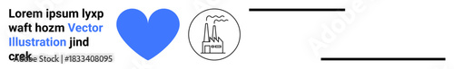 Environmental awareness, industry impact, pollution concepts, climate sustainability, eco-balance, environmental conservation. Blue heart next to factory icon with text. Environmental awareness