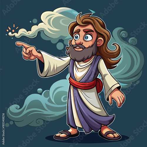 Cartoon prophet with long hair and beard pointing forward