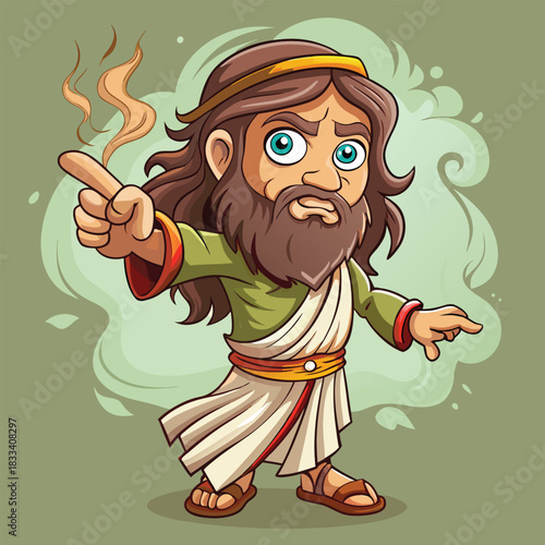 Cartoon prophet with long hair and beard pointing forward