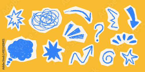 Fun hand drawn doodles icon set. Playful torn paper doodle stickers. Decorative bright sketch accents for collage scrapbook design. Kids childish business education symbols