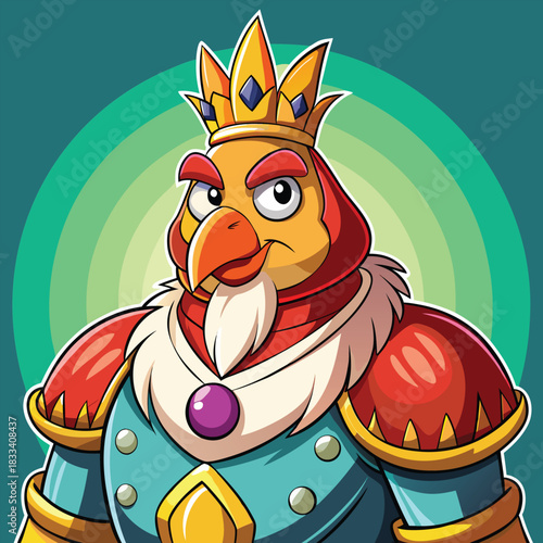 Majestic king rooster in regal armor and crown
