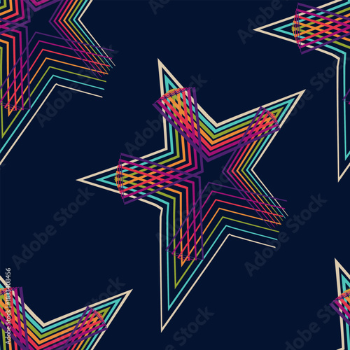 
A seamless pattern with multicolored striped stars on a dark blue background. Abstract vector illustration for your holiday and celebration-themed designs.