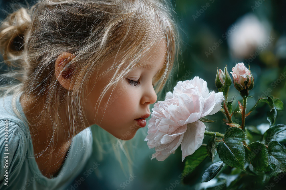 Fototapeta premium Young girl enjoys the fragrance of a blooming flower in a lush garden during springtime