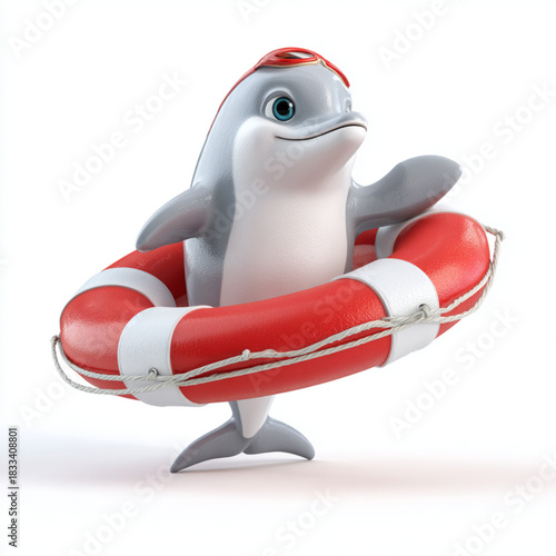 A cheerful dolphin floats in a lifebuoy