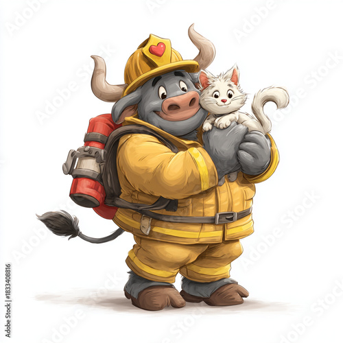 A cartoon firefighter with a friendly bull embracing a cute cat