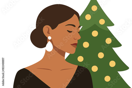 A beautiful woman in black, adorned with a diamond earring, stands against a backdrop of Christmas tree lights, embodying a luxury jewelry and fashion concept