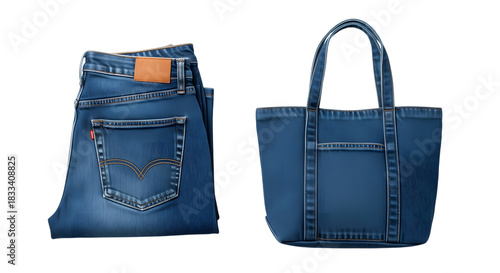 Folded denim jeans and a denim tote bag isolated on white background