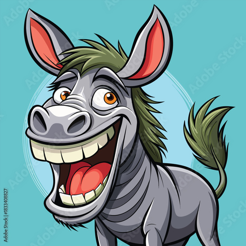 Funny cartoon donkey with a huge grinning mouth and big ears