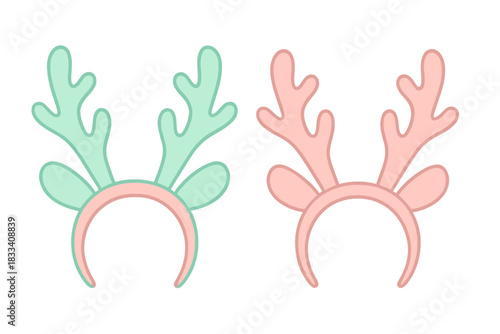 Set of reindeer antler headbands featuring a pastel green and pink vector illustration, perfect as a Christmas accessory