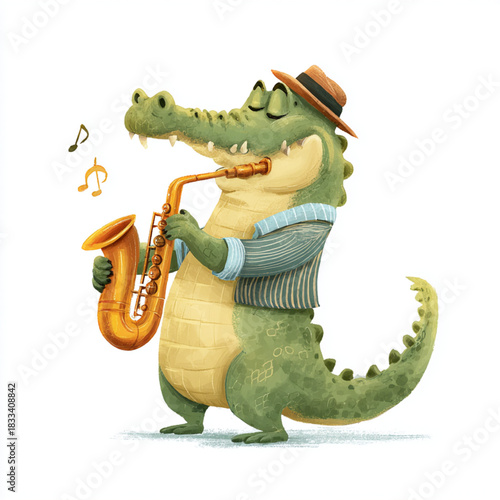 A Cartoon Alligator Serenading with a Saxophone