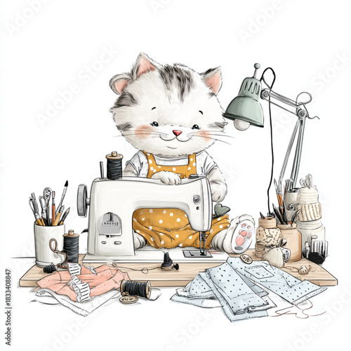 A cute cartoon cat is at the sewing machine, creating clothes