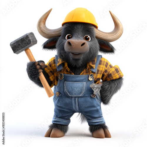 An animated bison construction worker ready for work