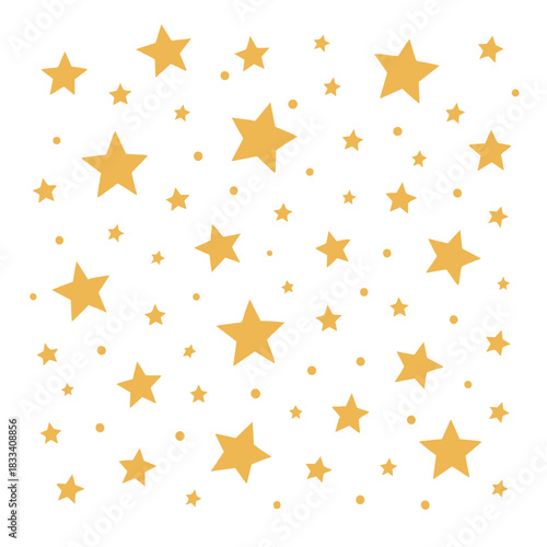 Golden star confetti on a white background, evoking a festive holiday celebration