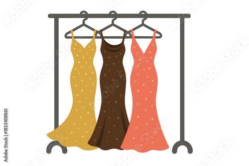 Elegant evening gowns shimmer on the rack, epitomizing haute couture and designer high fashion