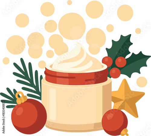 Mock-up of a luxurious Christmas cosmetic cream without a label, featuring Christmas accessories against a bokeh background