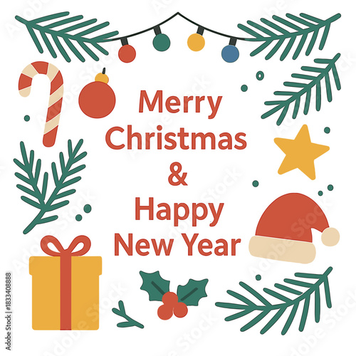 A vector template for a Merry Christmas and Happy New Year greeting card featuring traditional festive congratulations, winter holiday motifs, fir branches, garlands, and Christmas items in a
