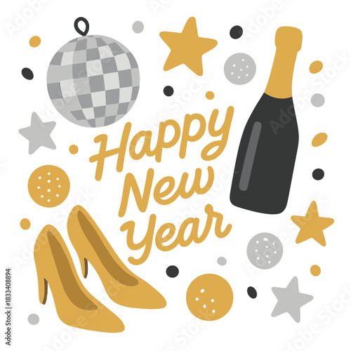 Top-down view of golden “Happy New Year” lettering, a disco ball, classic gold and silver glitter decorations, shoes, and a champagne bottle set against a white backdrop – a New Year layout